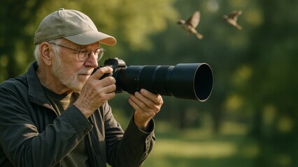 bird photographer aiming a telephoto camera in nature as birds fly past, concentrating on the shot.