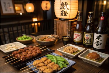 Yakitori skewers, karaage fried chicken, edamame and beer, on a lively izakaya table with dim lantern lights