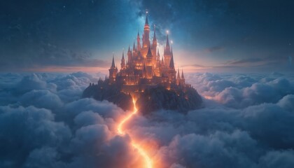 Obraz premium Magical fantasy castle glows atop misty clouds at twilight. Celestial celestial ring adorns night sky. Digital illustration art depicts glowing pathway leading to ornate towers. Dreamlike landscape.