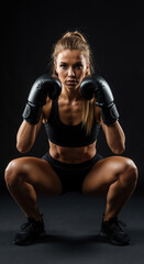 Woman in black athletic wear wearing boxing gloves in squatting position on dark background. Boxing fitness training and combat sports for martial arts promotions and self defense class advertising