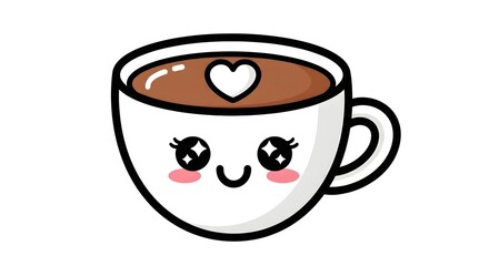 Cute Kawaii Cartoon Coffee Cup with Heart and Smiling Face for Food Beverage or Coffee Shop Marketing