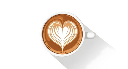 Top View of Latte Coffee Cup with Heart-shaped Foam Art on White Surface