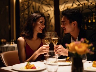 romantic couple enjoying fine dining champagne