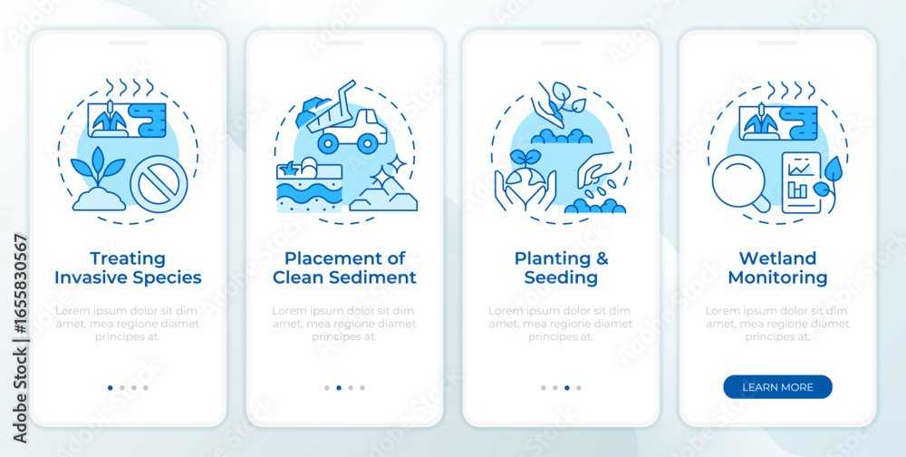 Wall mural phases of wetland restoration blue onboarding mobile app screen. water. walkthrough 4 steps editable