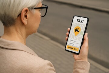 Older woman using taxi app on smartphone to order a ride on city street. Mobile booking and navigation.