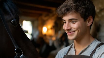 Young caucasian male horse trainer in stable with brown horse