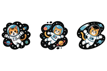Obraz premium Orange tabby cats in space suits floating among planets and stars