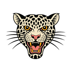 Roaring leopard head in a traditional American tattoo style