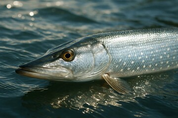 Close-up of northern pike head in shimmering water, detailed scales and eye, predator fish in natural habitat.