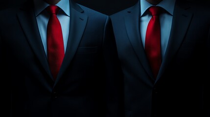 Two men in suits with red ties in a dark setting