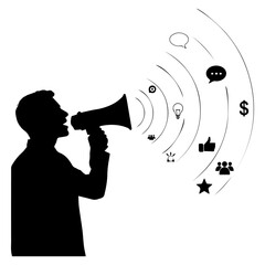 Digital Marketing with a Megaphone silhouette, Social Media Influence Graphic, Conceptual Art of Public Communication, Monochrome Megaphone with Icons.