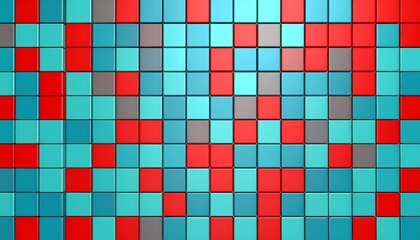 A vibrant, geometric pattern of  square tiles in  red, teal, and gray shades.