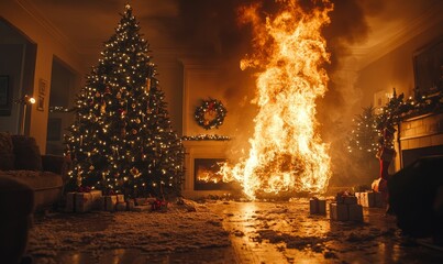 Dramatic scene featuring a burning Christmas tree in a living room, with flames engulfing the tree. The image highlights the importance of fire safety during the holiday season, Generative AI