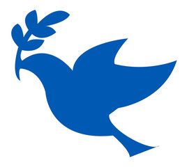diseño azul de paloma de la paz con una ramita de olivo en el pico sobre fondo blanco