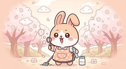 Delightful cartoon illustration of a bunny playing with bubbles amidst blooming cherry trees