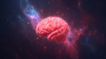 Fototapeta premium Pink brain floats in a vibrant cosmic nebula.