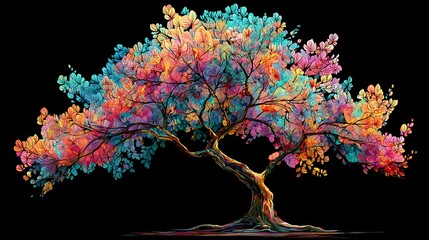 Vibrant abstract tree with colorful leaves on black background