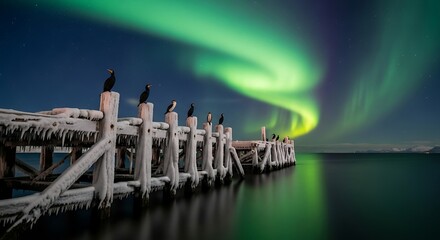 Chilly Norwegian coast landscape showcasing the majestic aurora borealis lights display above a