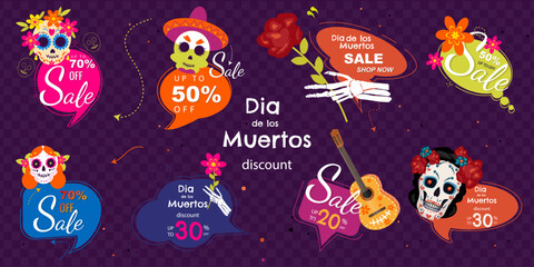 Fototapeta premium Dia de Muertos Sale stickers,tag set. Vector elements for Mexican Day of the Dead discount promotion: sugar skulls, guitar, skeleton hand, flowers. 