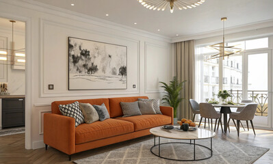 Fototapeta premium A modern living room featuring an orange sofa adorned with patterned throw pillows, positioned on a light-colored wooden floor. A round coffee table sits on a geometric area rug, while a large, monoch