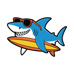 Cartoon cool shark with sunglasses surfing mascot character illustration vector design,