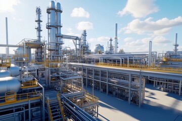 Fototapeta premium Industrial plant with pipelines and towers under a clear blue sky during daytime