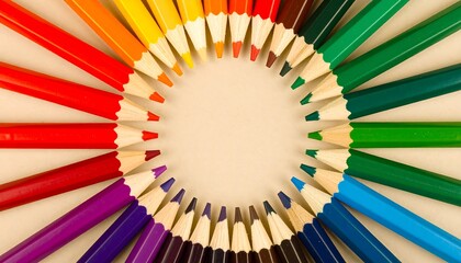 Colorful pencils arranged in a circular pattern against a beige background, showcasing a spectrum of hues.