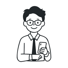 Asian young male cartoon with glasses holding smartphone