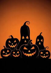 Group of Spooky Halloween Jack-o-Lanterns with Glowing Faces.