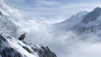 Majestic eagle perched on  snow covered mountain peak amidst misty valleys under  cloudy sky