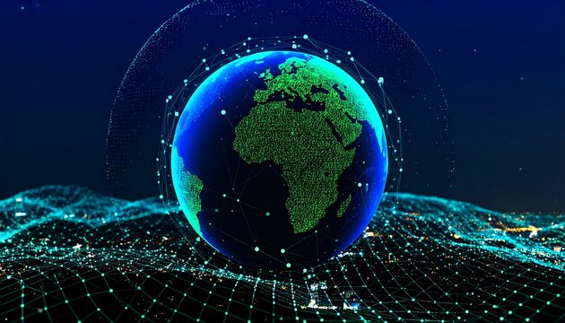 Digital Earth: A Glowing Globe Surrounded by Networked Data Visualization