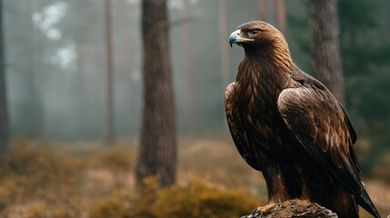 Fototapeta premium Majestic golden eagle perched on log amidst misty forest observing its surroundings