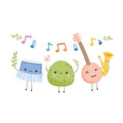 Joyful Musical Characters Play Together Under Banner Of Notes And Leaves
