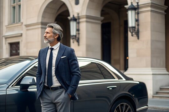 Rich business man near luxury car. Success businessman. Mature rich business man in stylish jacket. Rich business man in suit walking outdoor. Luxury successful business man.