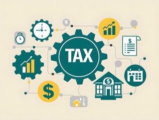Economic tax structure concept with gear mechanism highlighting money, real estate, bank, investment, profit, chart, and financial planning for government revenue and fiscal policy