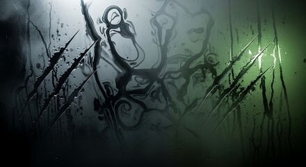 Eerie abstract design with claw marks and flowing shapes evokes suspenseful narrative