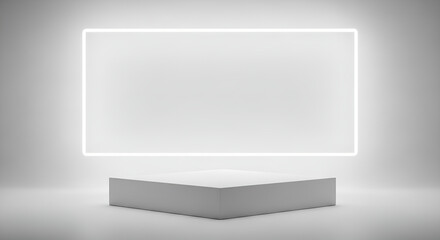 Podium stage with spot lights background - minimalist stage with a glowing neon rectangle frame and a white display platform, isolated on white background