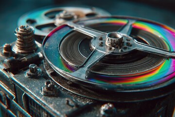 Close-up of vintage reel-to-reel tape recorder, showing colorful film