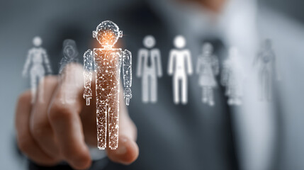 AI recruiting technology concept. Leveraging artificial intelligence in the talent acquisition process. A robot selecting candidates for hiring. HR technology ecosystem strategies for human resource .