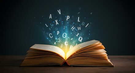 fantasy magic open book with alphabet letters flying out knowledge imagination imagination