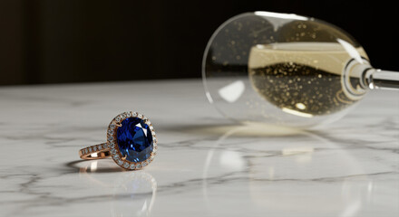 Sapphire diamond ring champagne glass