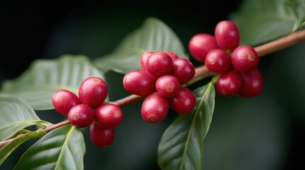 Obraz premium A vibrant cluster of ripe coffee cherries glistens on a leafy branch, a testament to nature's bounty. This image encapsulates the essence of freshness and the journey from farm to cup.