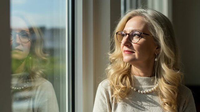 Elegant senior woman gazing out the window with a serene expression, reflecting on life with optimism and hope in the gentle daylight
