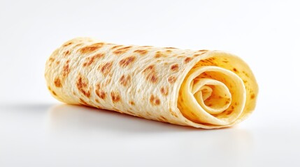 A close-up shot unveils a perfectly rolled tortilla, its delicate texture and golden-brown spots showcasing culinary artistry. A simple composition that makes your mouth water.