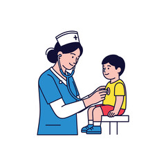 A nurse is examining a child with a stethoscope, checking the patients health and providing medical care
