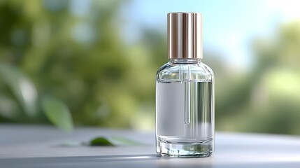 Naklejka premium Elegant glass perfume bottle with golden cap on wooden table in natural sunlight, fragrance mockup for beauty, branding, lifestyle, and luxury products.