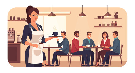 Fototapeta premium Elegant waitress serving hot beverages to patrons in a cozy cafe setting