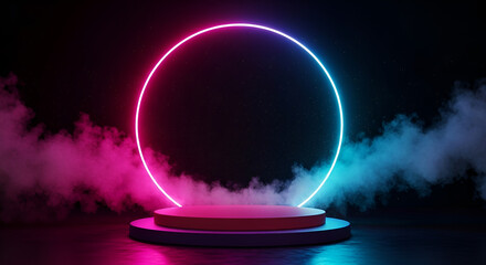Podium stage with spot lights background - glowing neon ring encircles an empty podium on a dark stage with pink and blue smoke, futuristic abstract background