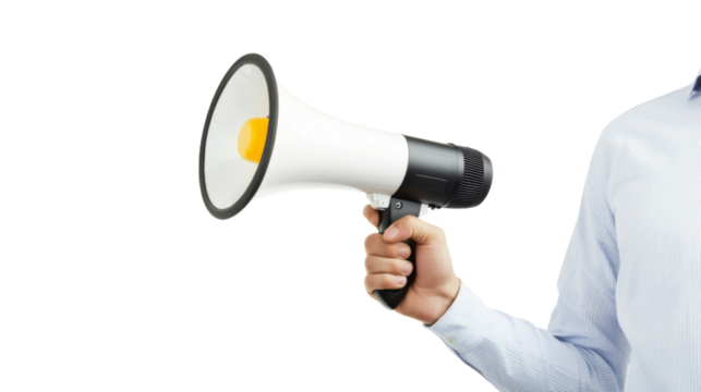 Hand holding megaphone making announcement with transparent background