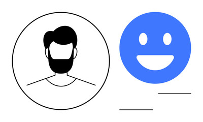 Bearded man silhouette beside a cheerful blue happy face suggesting user profiles and positivity. Ideal for user interface, social media, feedback, identity, connection, communication, simple landing